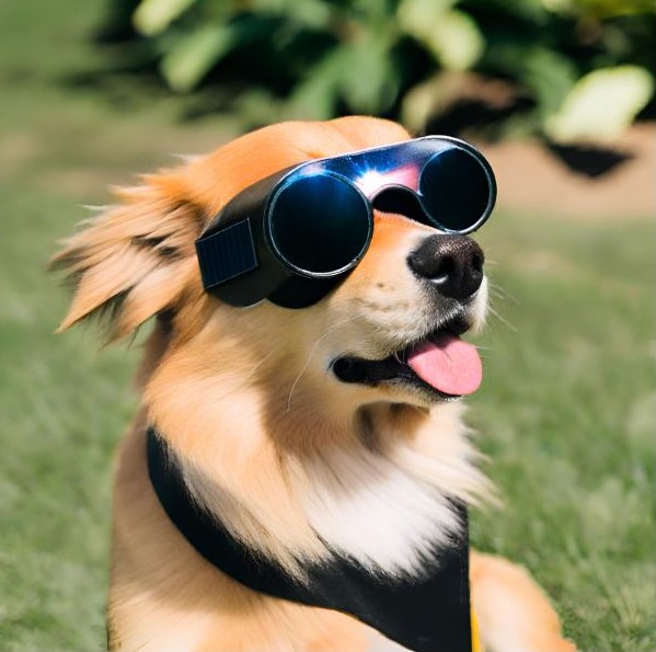 Dog wearing solar eclipse glasses shared by the Warren County Astronomical Society