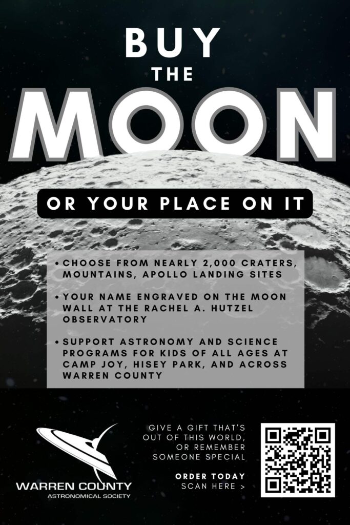 Moon Objects for sale as fund-raising project for the Warren County Astronomical Society, the Rachel A. Hutzel Observatory at Camp Joy, and the Fred Bay Observatory at Hisey Park in Warren County Ohio.