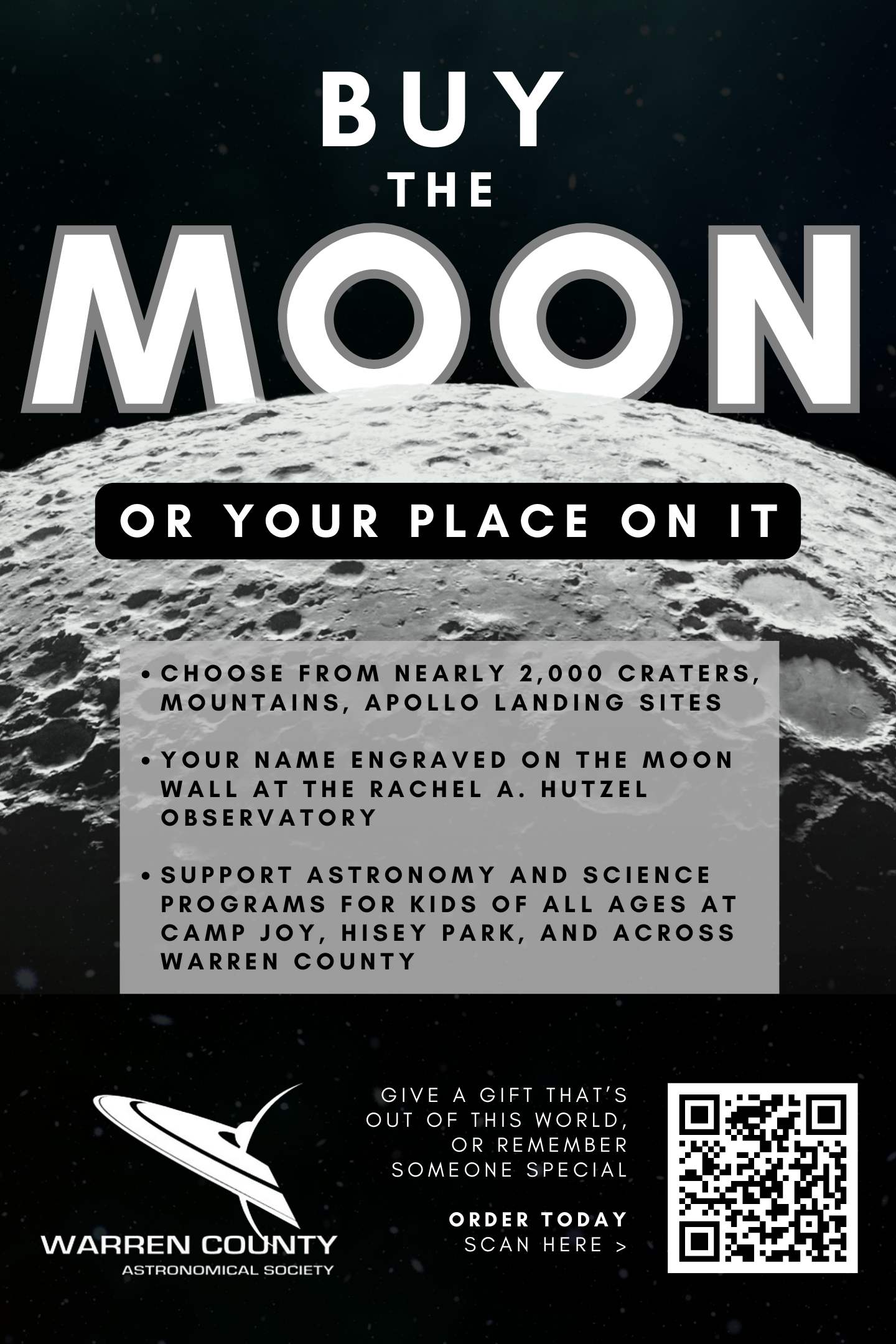 Moon Objects for sale as fund-raising project for the Warren County Astronomical Society, the Rachel A. Hutzel Observatory at Camp Joy, and the Fred Bay Observatory at Hisey Park in Warren County Ohio.